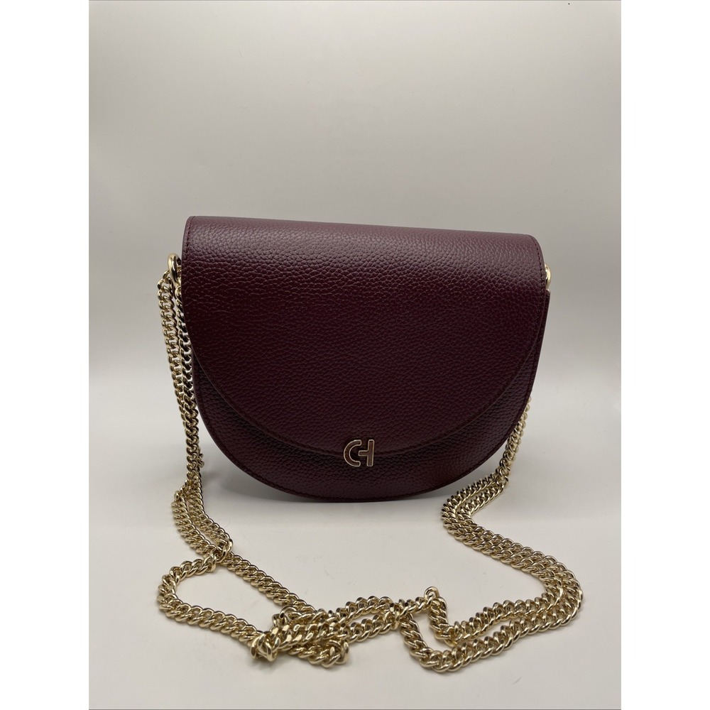 Cole Haan Womens Evie Leather Gold Chain Saddle Bag, Burgundy/Red,